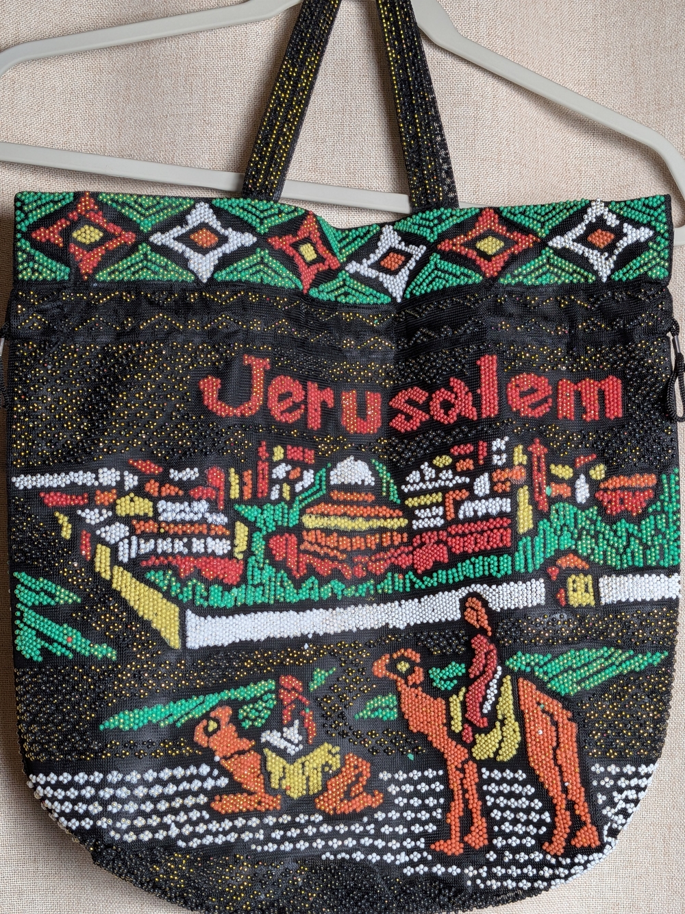 Jerusalem Multicolor Beaded Camel Market Scene Cinch Tote Bag